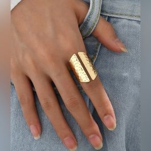 Golden Hammered Textured Metal Cuff Statement Ring